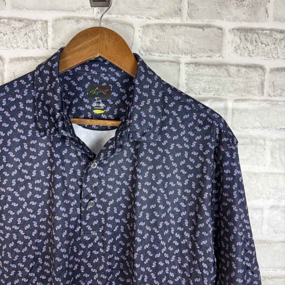 Greg Norman Play Dry Mens Large Navy Blue Paisley Print AOP Golf Polo Shirt L